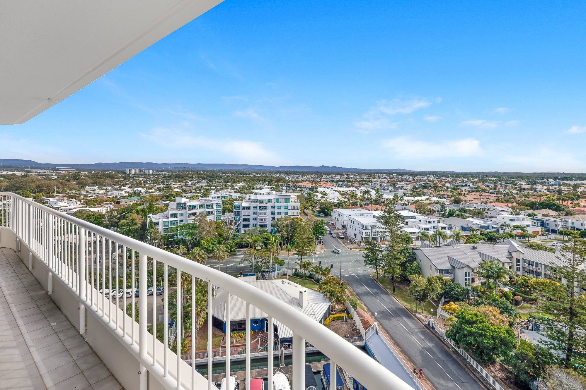 Looking west from a Leeward Tower balcony over Runaway Bay to the hinterland