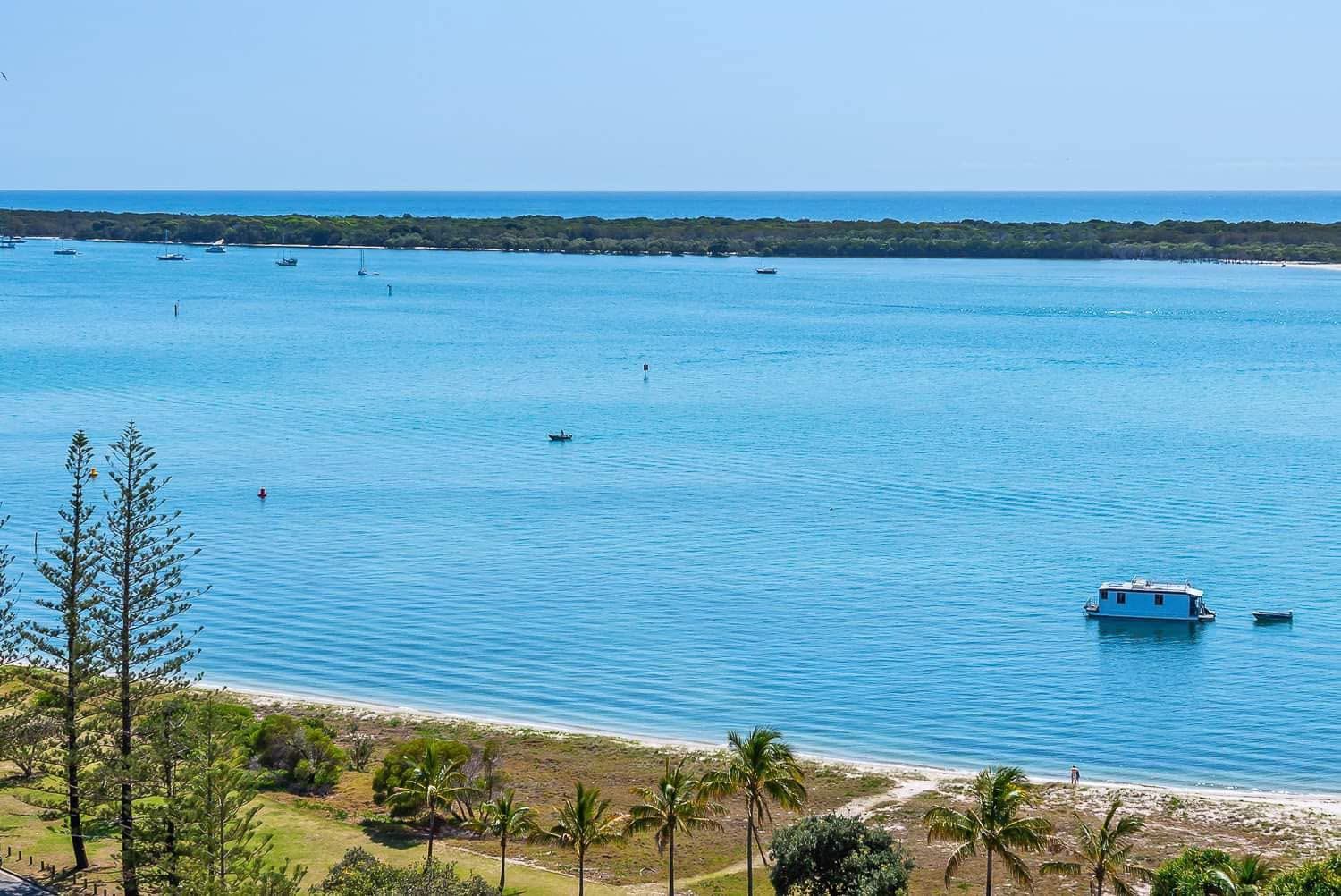 View east from Leeward Tower across the Broadwater to South Stradbroke Island